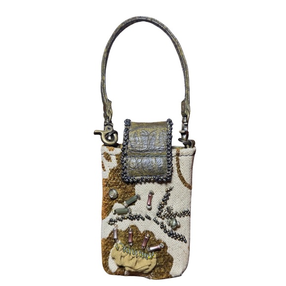 Mary Frances Beaded Mini Wristlet Phone Bag Green Gold Earth Tones - Picture 4 of 9